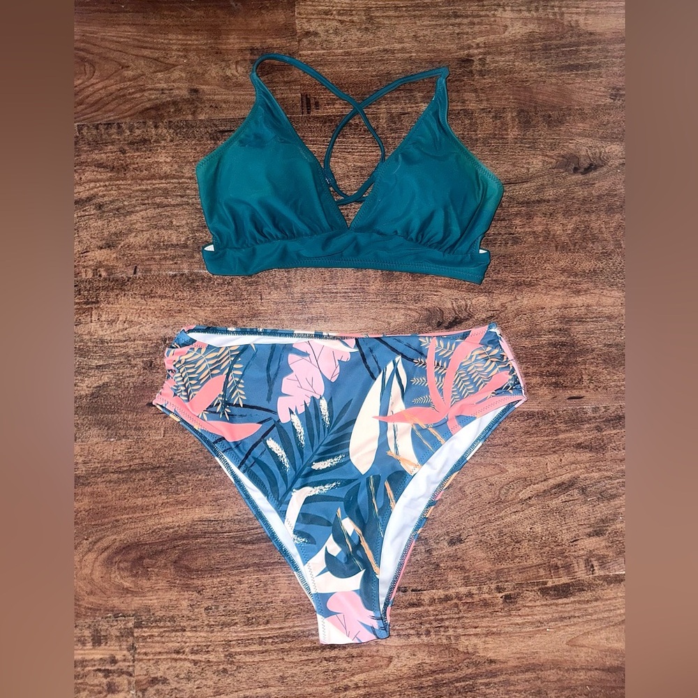 Teal Floral Women's Hight Waist Bikini Set